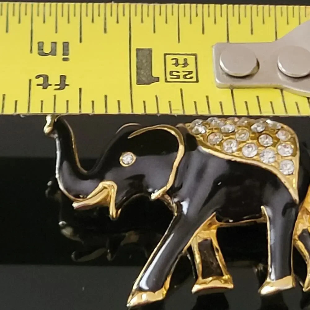 Exquisite Elephant‎ Black and Gold Enamel with Rhinestones on Top and Eye